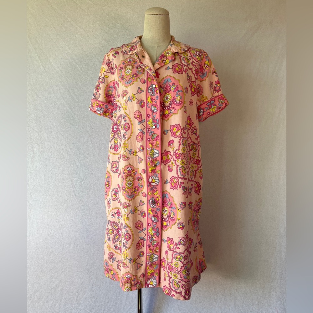 60s Pastel Pink Wallpaper Floral Shirt Dress
